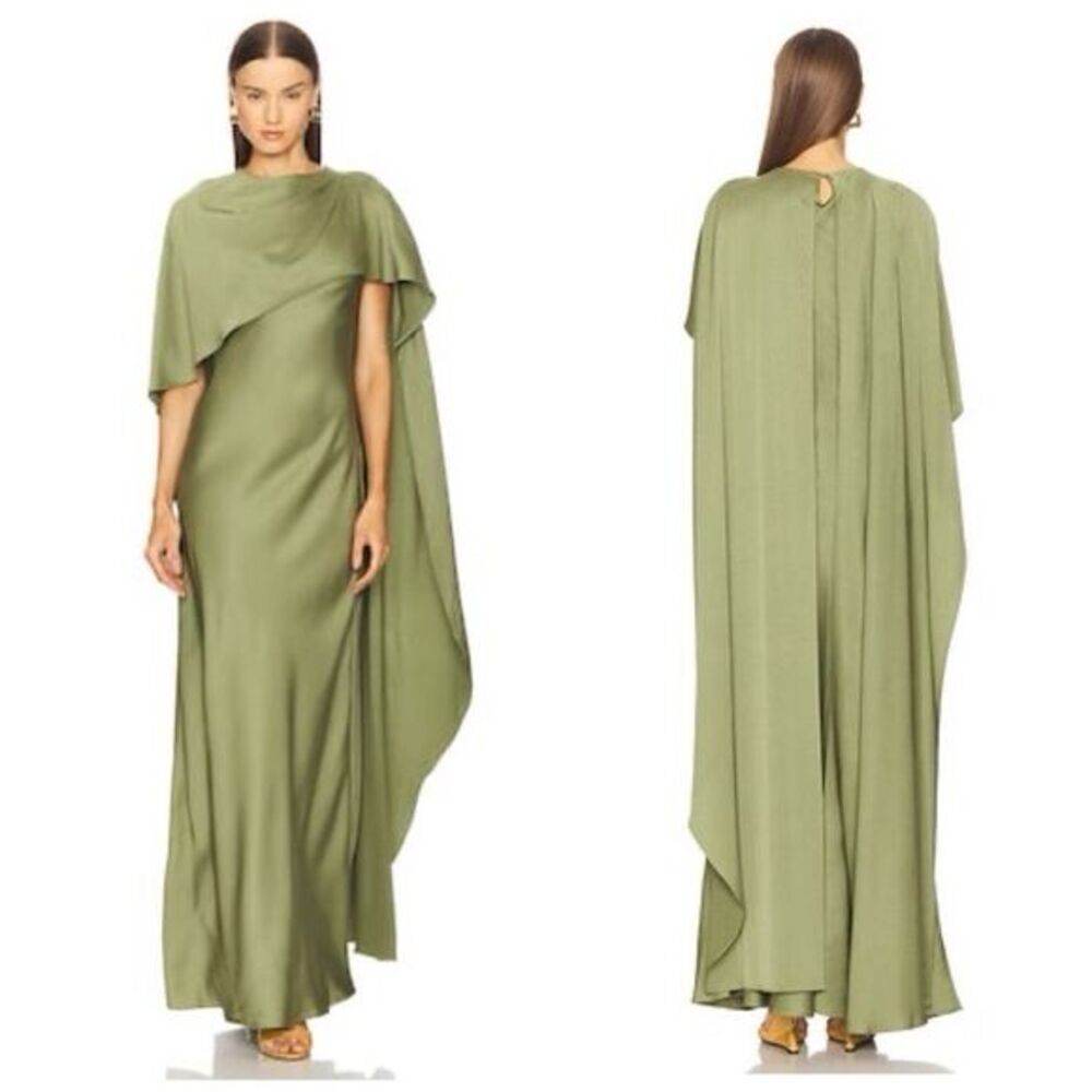 SIMKHAI Womens Izel Boat Neck Satin Draped Cape Gown Olive Green Size 2